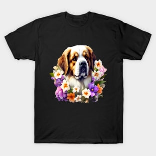 Saint Bernard Dog Surrounded by Beautiful Spring Flowers T-Shirt